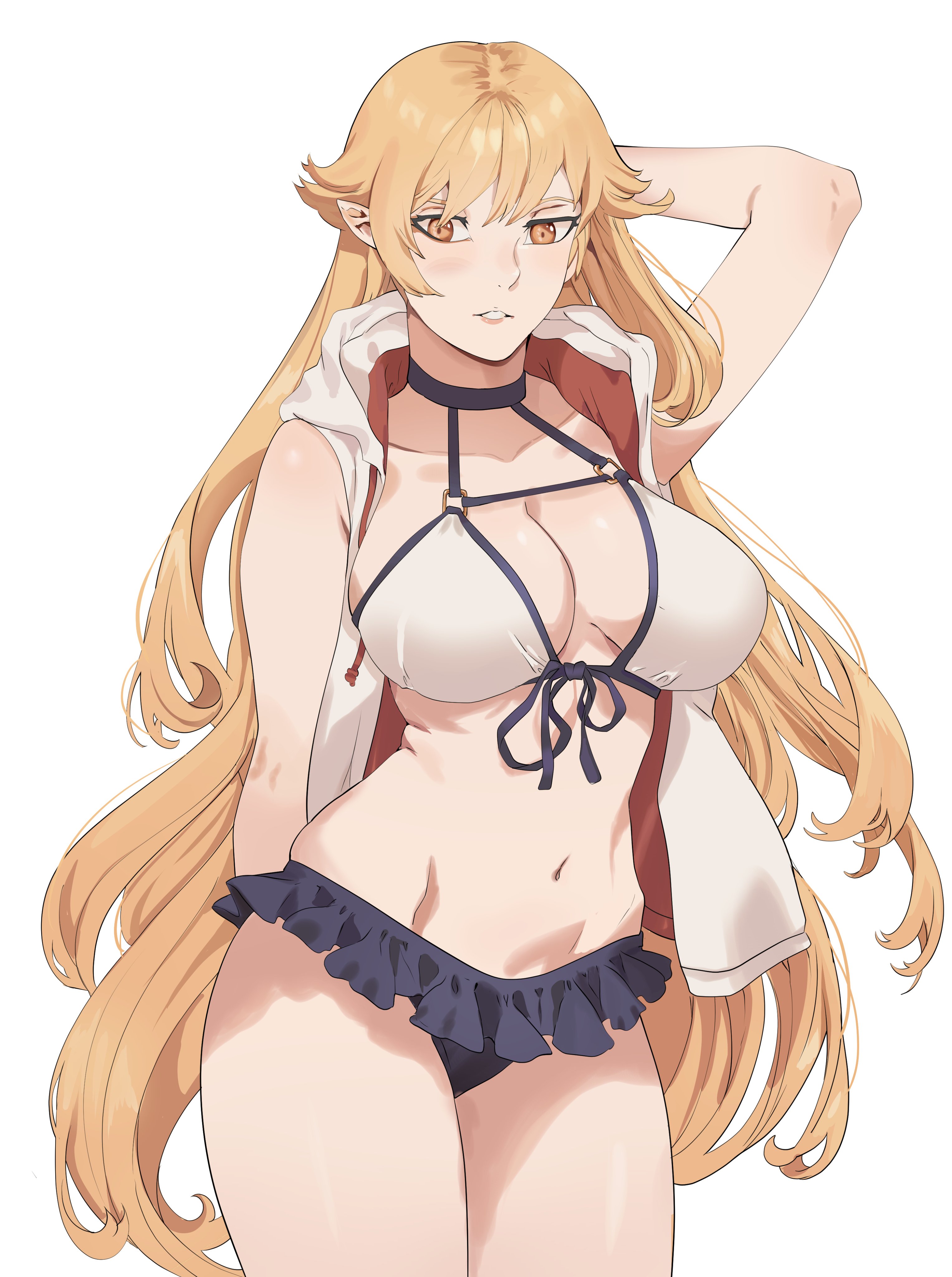 kiss-shot acerola-orion heart-under-blade, oshino shinobu, monogatari (series), bikini, blonde hair, frilled skirt, frills, long hair, skirt, swimsuit, yellow eyes