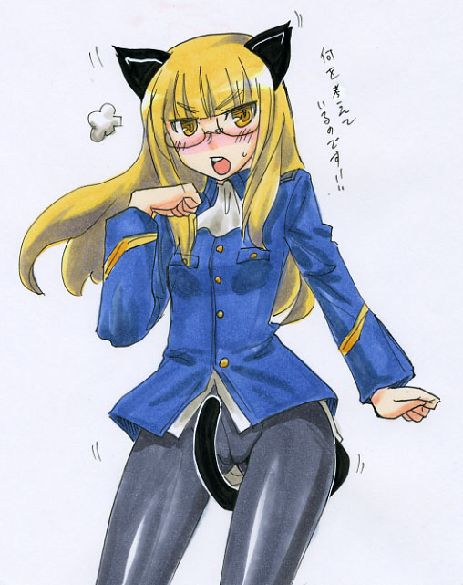 kikuta, perrine h. clostermann, strike witches, world witches series, 00s, 1girl, animal ears, blonde hair, cat ears, cat tail, crotch seam, female focus, glasses, no pants, panties, panties under pantyhose, pantyhose, pantyshot, solo, tail, underwear