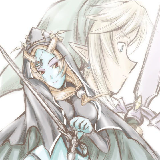 microspace, link, midna, midna (true), nintendo, the legend of zelda, the legend of zelda: twilight princess, spoilers, 1boy, 1girl, blue skin, colored skin, earrings, front ponytail, jewelry, master sword, pointy ears, sword, weapon