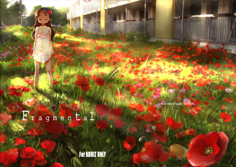 sasahara yuuki, 1girl, blood, dappled sunlight, dated, defloration, dress, female focus, flower, loli, see-through clothes, see-through dress, solo, sunlight, wide shot