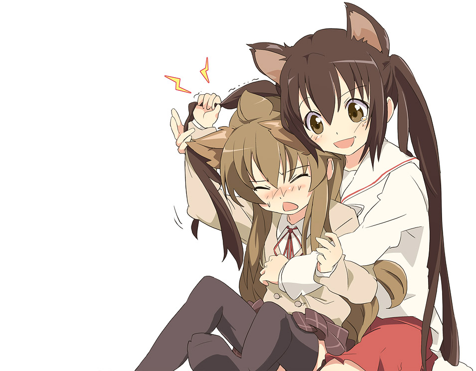 ixy, minami chiaki, minami kana, minami-ke, 00s, 2girls, ahoge, animal ears, brown eyes, brown hair, cat ears, long hair, multiple girls, siblings, sisters, twintails
