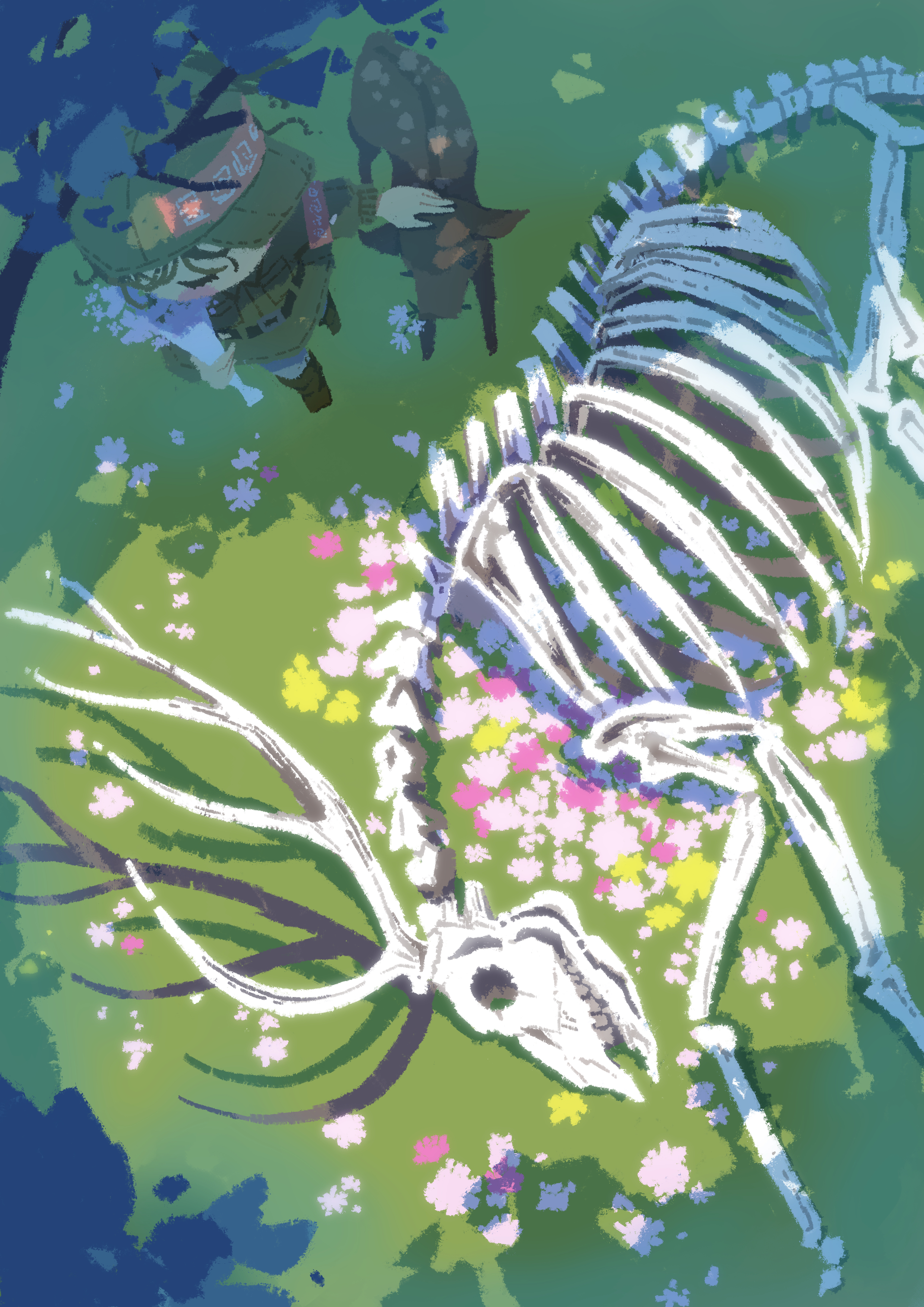 kokamakiri, original, absurdres, highres, 1girl, animal skeleton, antlers, armband, baby animal, bone, boots, bouquet, deer, flower, forest, from above, grass, green hat, hat, holding, holding bouquet, horns, nature, shadow, skeleton