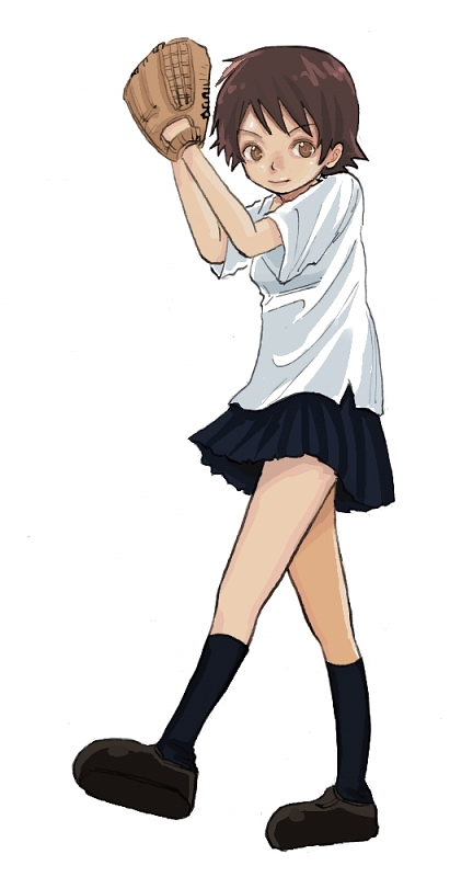 ponta farm, konno makoto, toki wo kakeru shoujo, 00s, 1girl, baseball glove, brown eyes, brown hair, female focus, frown, kneehighs, parted bangs, school uniform, short hair, skirt, socks, solo