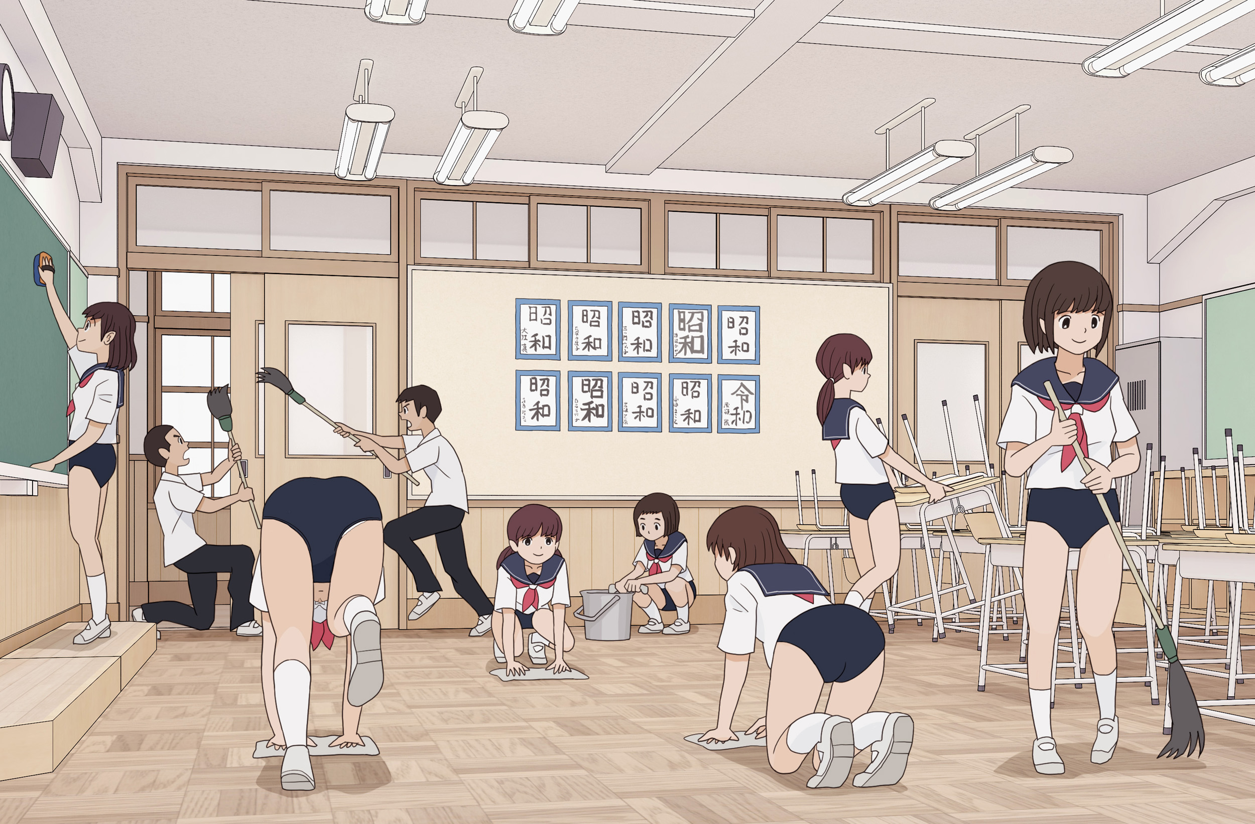 kiyo (kyokyo1220), original, highres, 2boys, 6+girls, ass, blue buruma, board eraser, bra, broom, brown hair, buruma, ceiling, chair, chalkboard, classroom, cleaning, desk, floor, holding, holding broom, indoors, low twintails, multiple boys, multiple girls, neckerchief, panties, panty peek, ponytail, red neckerchief, sailor collar, school chair, school desk, school uniform, serafuku, shirt, shoes, short hair, short sleeves, sliding doors, smile, socks, standing, sweeping, twintails, underwear, upshirt, white shirt, white shoes, white socks