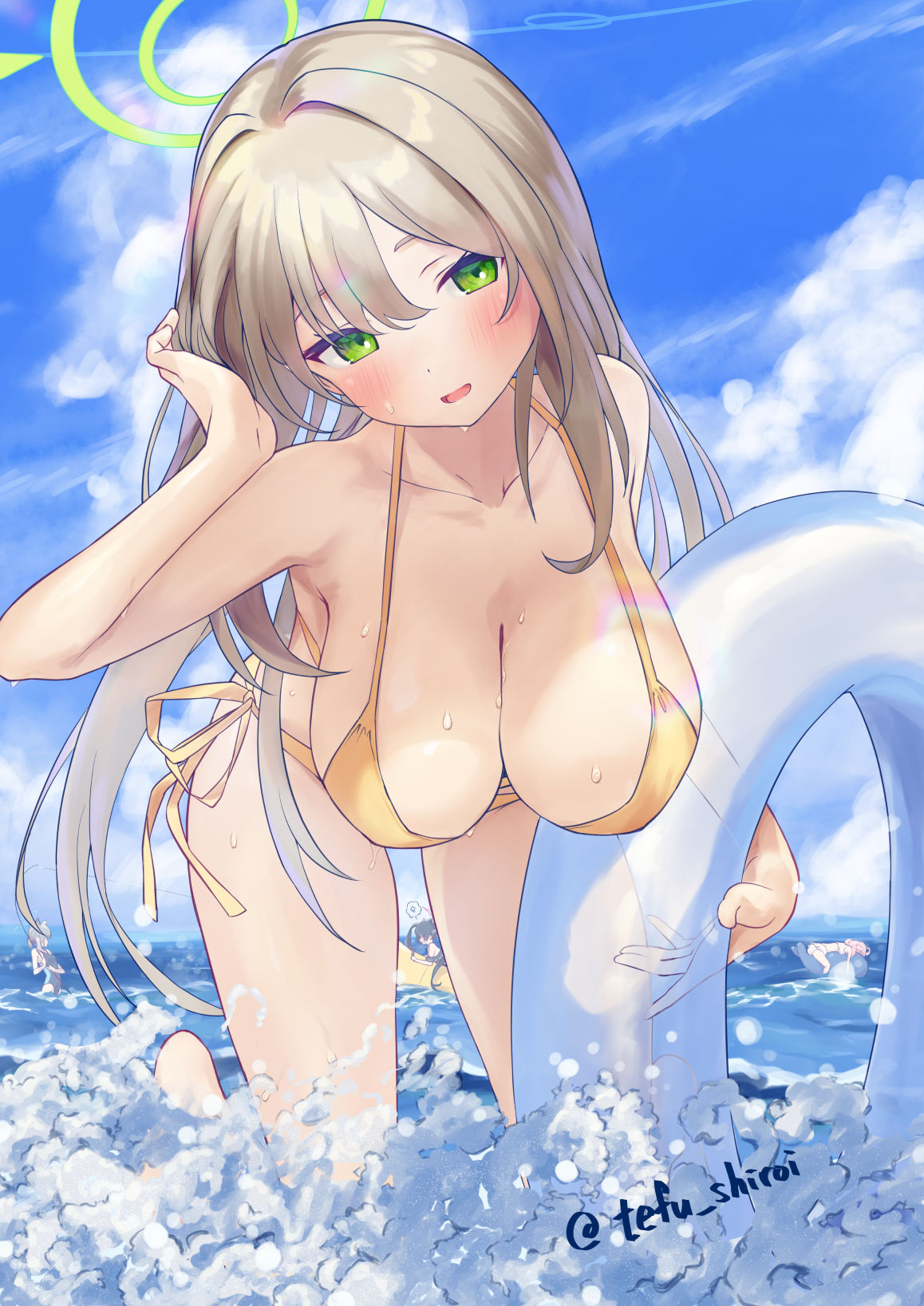 shiroitefu, nonomi (blue archive), nonomi (swimsuit) (blue archive), blue archive, highres, 1girl, artist name, bent over, bikini, breasts, cleavage, collarbone, green eyes, green halo, halo, hand in own hair, hanging breasts, holding, holding swim ring, innertube, large breasts, leaning, looking at viewer, ocean, official alternate costume, side-tie bikini bottom, smile, solo, string bikini, swim ring, swimsuit, yellow bikini