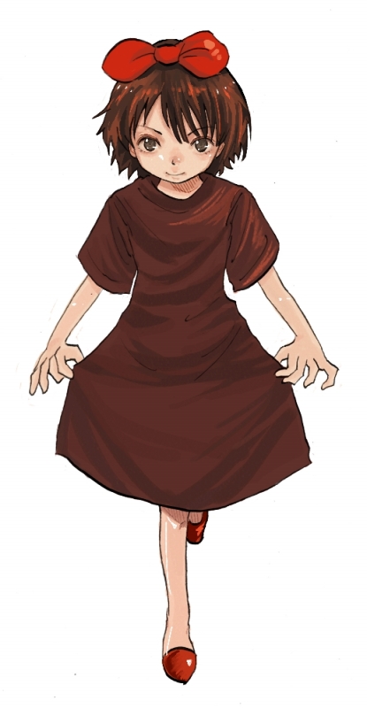 ponta farm, kiki (majo no takkyuubin), majo no takkyuubin, studio ghibli, 1980s (style), bow, brown eyes, brown hair, curtsey, dress, hairband, oldschool, retro artstyle, short hair, skirt hold, smile, solo