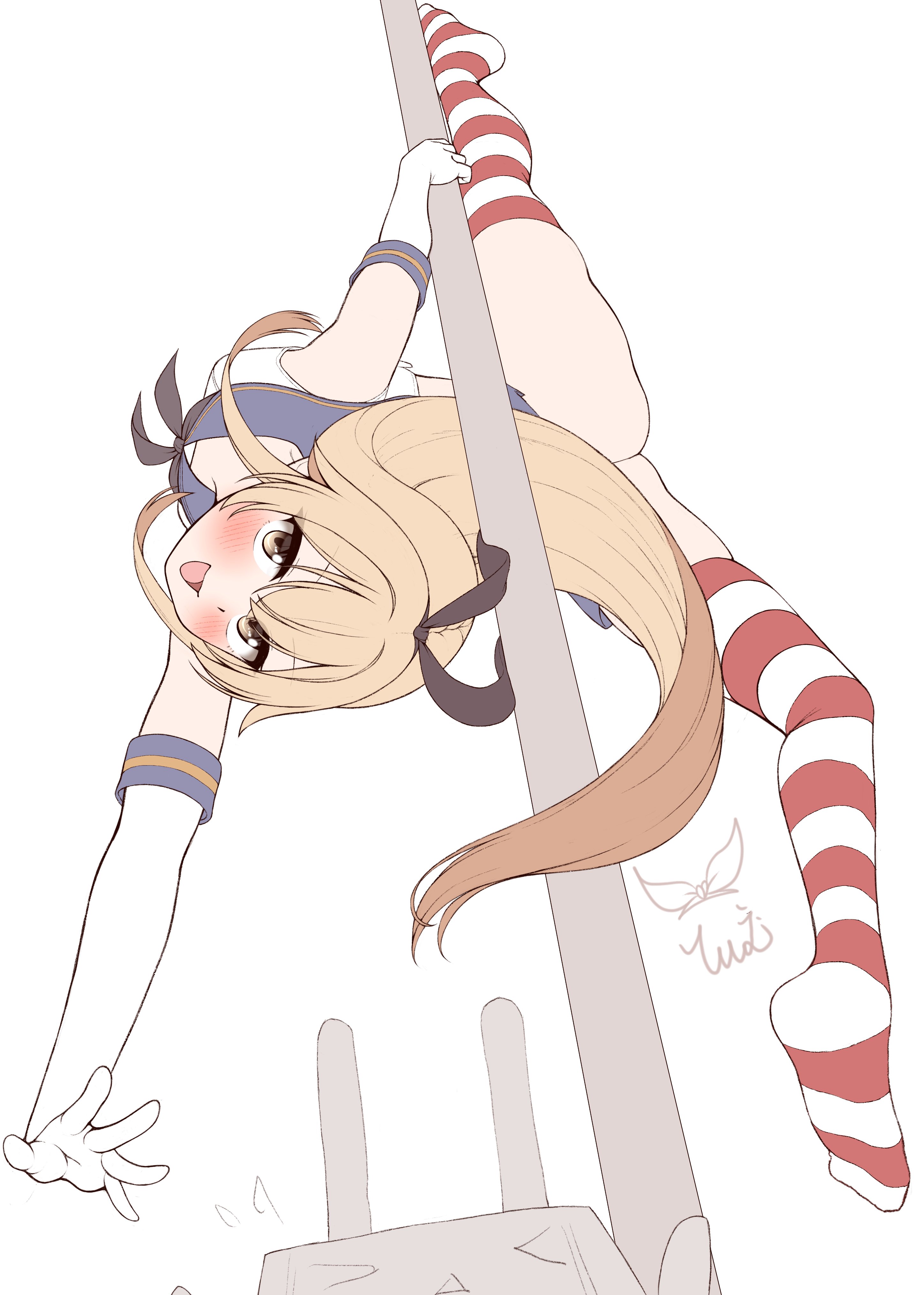 tiemu (man190), rensouhou-chan, shimakaze (kancolle), kantai collection, absurdres, highres, 1girl, anchor hair ornament, black hairband, black neckerchief, blonde hair, blue sailor collar, blue skirt, crop top, elbow gloves, from below, gloves, grey eyes, hair ornament, hairband, long hair, looking at viewer, microskirt, miniskirt, neckerchief, pleated skirt, pole dancing, sailor collar, shirt, simple background, skirt, sleeveless, sleeveless shirt, smile, split, striped clothes, striped thighhighs, thighhighs, upside-down, white background, white gloves
