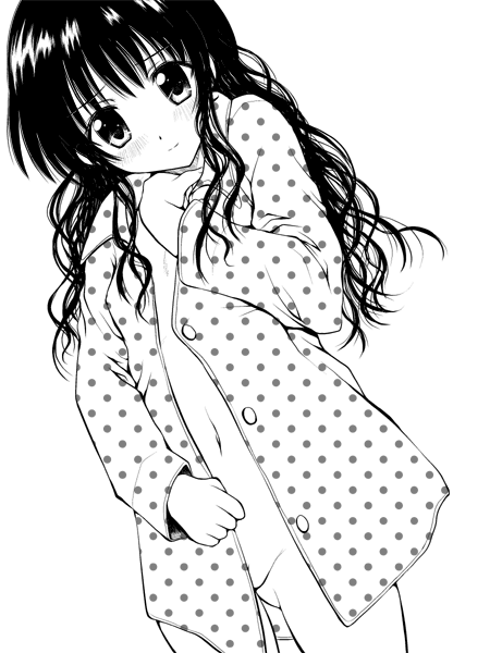 yuki tomoshi, yuuki mikan, to love-ru, 00s, 1girl, bottomless, female focus, greyscale, loli, long hair, monochrome, naked shirt, no panties, open clothes, open shirt, pajamas, shirt, solo