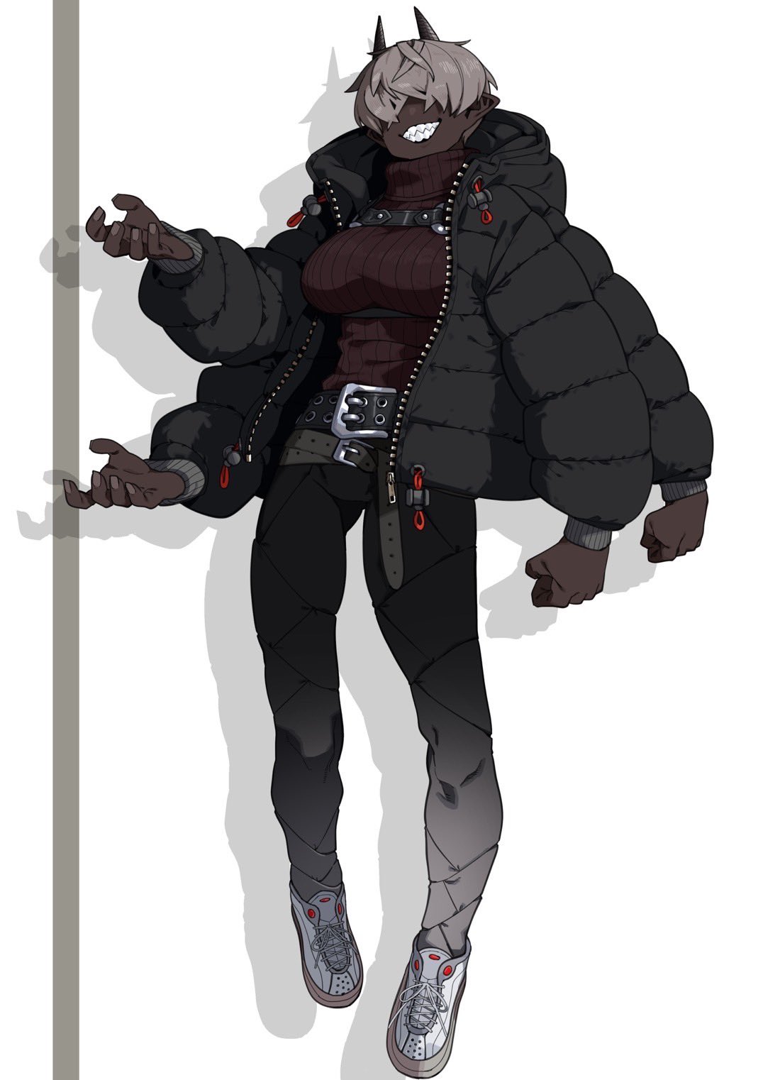 yoshimaro, original, commentary request, highres, 1girl, belt, black jacket, black pants, breasts, buckle, clenched hands, dark-skinned female, dark skin, drawstring, drop shadow, extra arms, full body, grin, hair over eyes, horns, jacket, large breasts, multiple belts, open clothes, open jacket, padded jacket, pants, pointy ears, ribbed sweater, sharp teeth, shoelaces, shoes, short hair, simple background, smile, solo, strap, sweater, teeth, tight clothes, tight pants, turtleneck, turtleneck sweater, white background, zipper, zipper pull tab