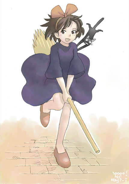 iyanagi kenji, jiji (majo no takkyuubin), kiki (majo no takkyuubin), majo no takkyuubin, studio ghibli, 1980s (style), black cat, bow, broom, broom riding, brown eyes, brown hair, cat, dress, hairband, oldschool, retro artstyle, short hair, smile, solo