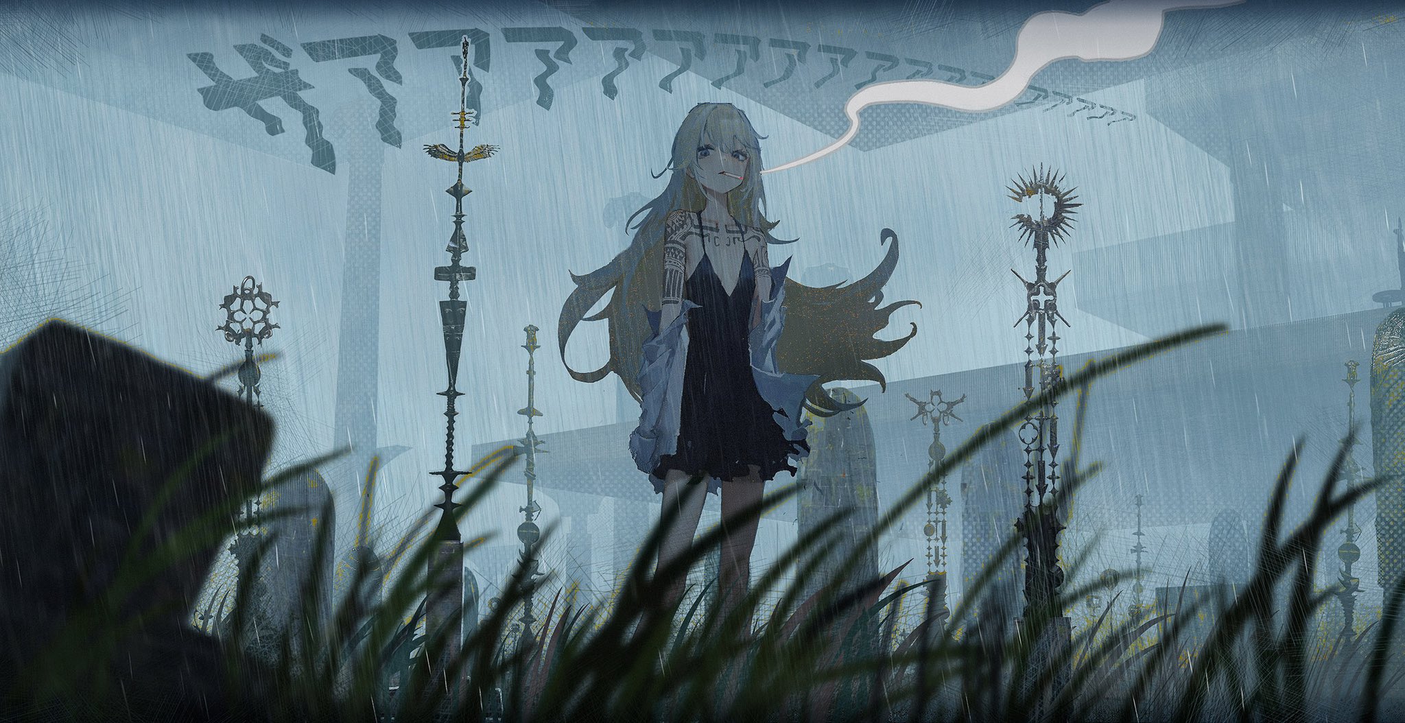 ya yan, original, chinese commentary, highres, arm tattoo, bare shoulders, black dress, blonde hair, blurry, blurry foreground, breasts, cigarette, dress, fog, grass, graveyard, long hair, outdoors, parted lips, rain, shirt down, shoulder tattoo, small breasts, smoke, smoking, sound effects, standing, tattoo