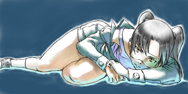 ykhpda, amasawa yuuko, dennou coil, 00s, black hair, glasses, jacket, lying, skirt, solo, strap slip, tank top, twintails