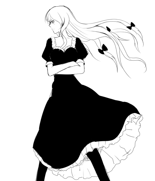 harano, yakumo yukari, touhou, 1girl, bow, crossed arms, female focus, greyscale, hair bow, long hair, monochrome, no headwear, pantyhose, simple background, solo, standing, wind