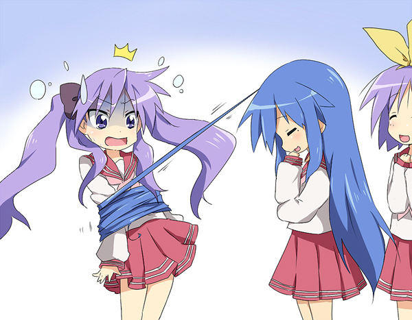 maruki (punchiki), hiiragi kagami, hiiragi tsukasa, izumi konata, lucky star, bad id, bad pixiv id, 3girls, = =, ^^^, ahoge, bdsm, bondage, bound, mole, mole under eye, multiple girls, parody, prehensile hair, school uniform, serafuku, siblings, sisters, sweatdrop, twins, twintails, you gonna get raped, yuri