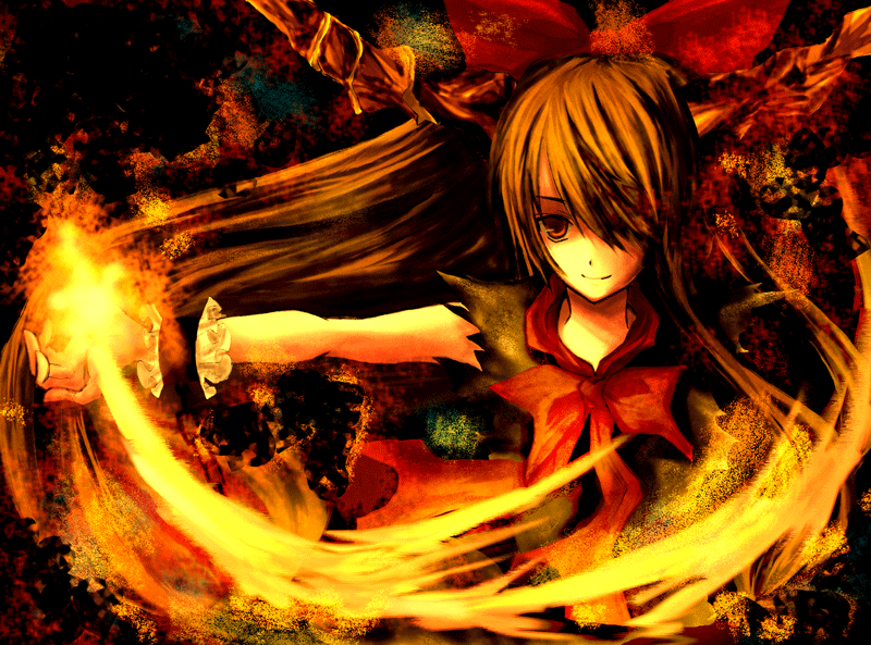 kariya kyou, ibuki suika, touhou, 1girl, alternate hairstyle, choker, female focus, fire, hair ribbon, horns, one eye covered, ribbon, ribbon choker, smile, solo