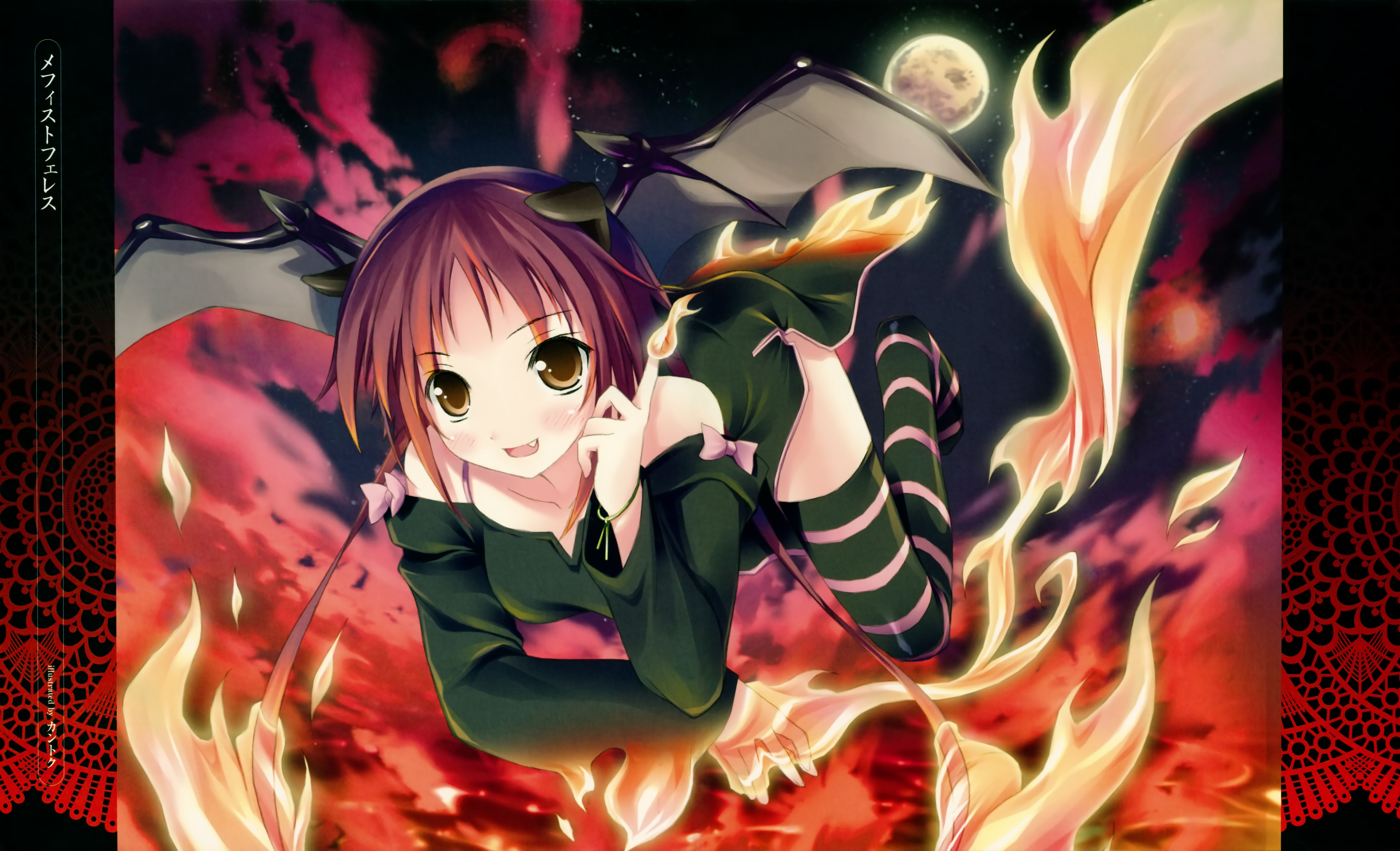 kantoku, absurdres, highres, 1girl, fang, female focus, fire, horns, moon, red hair, socks, solo, striped clothes, striped socks, striped thighhighs, thighhighs, wings, yellow eyes