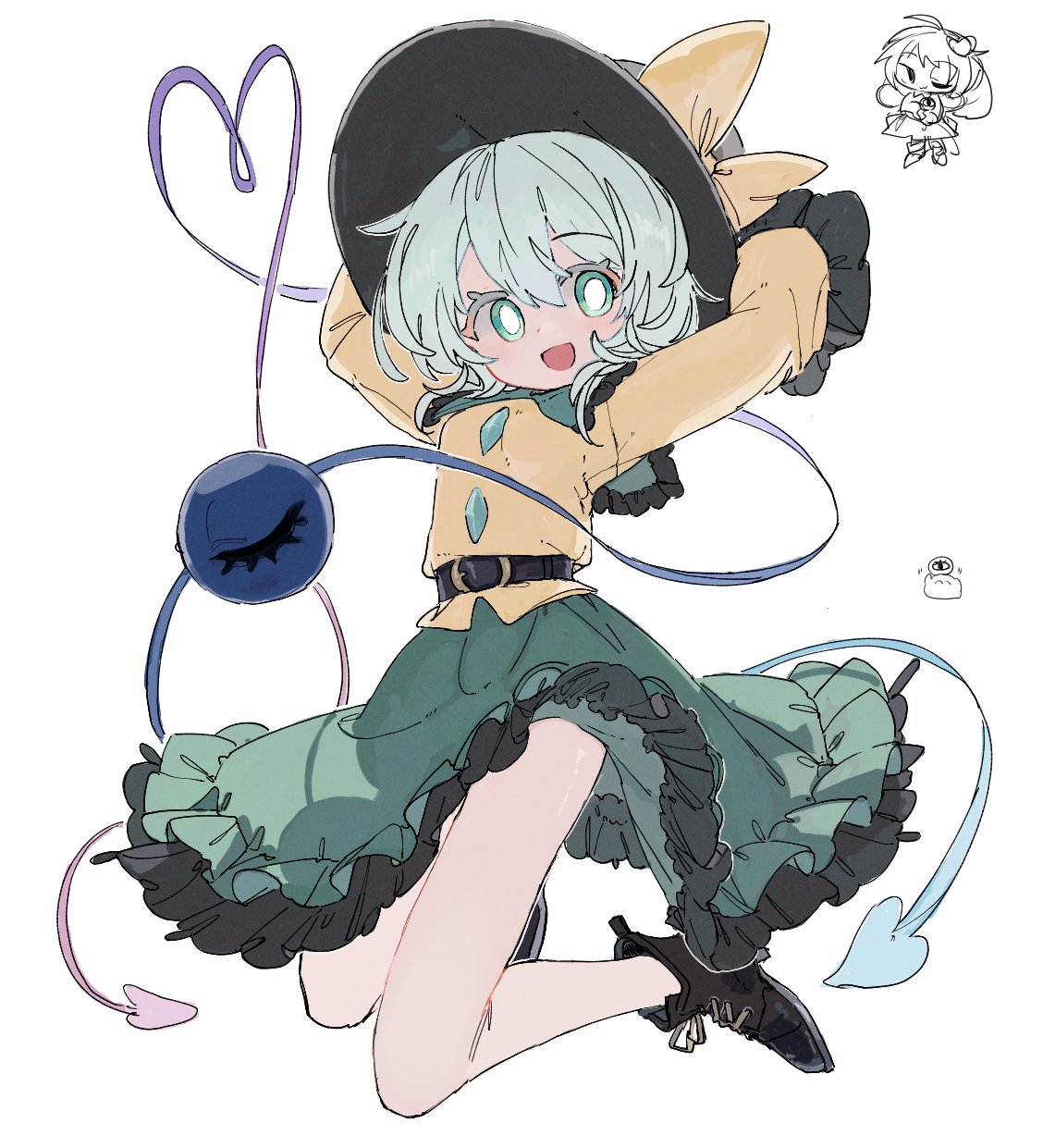 osakanadream, komeiji koishi, touhou, highres, 1girl, black hat, black shoes, blouse, bow, buttons, diamond button, eyeball, frilled shirt collar, frilled sleeves, frills, full body, green eyes, green hair, green skirt, hat, hat bow, hat ribbon, heart, heart of string, jumping, open mouth, ribbon, shirt, shoes, skirt, solo, third eye, white background, yellow bow, yellow ribbon, yellow shirt