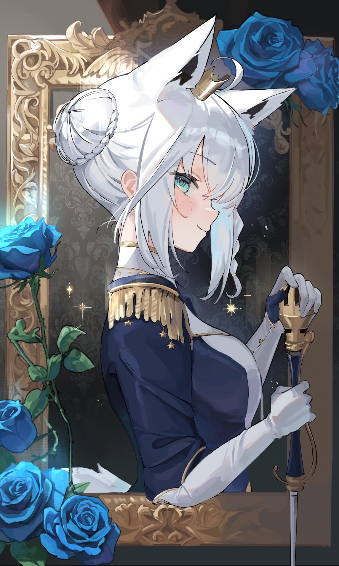 shirakami fubuki, shirakami fubuki (fbkingdom), hololive, highres, 1girl, ahoge, animal ear fluff, animal ears, blue flower, blue jacket, blue rose, blush, braid, bun with braided base, crown, elbow gloves, epaulettes, flower, fox ears, fox girl, from side, gloves, gold crown, green eyes, hair bun, hand on hilt, holding, holding sword, holding weapon, jacket, looking at viewer, looking to the side, medium hair, mini crown, nyannyan poa, official alternate costume, official alternate hairstyle, picture frame, profile, rose, sidelocks, smile, solo, sparkle, sword, through medium, tilted headwear, virtual youtuber, weapon, white gloves, white hair