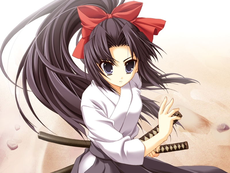 mitha, hokazono rinka, gift (game), non-web source, 00s, 1girl, black eyes, black hair, bow, female focus, hair bow, hair ribbon, hakama, hakama skirt, haori, japanese clothes, katana, long hair, ponytail, ribbon, samurai, skirt, solo, sword, weapon
