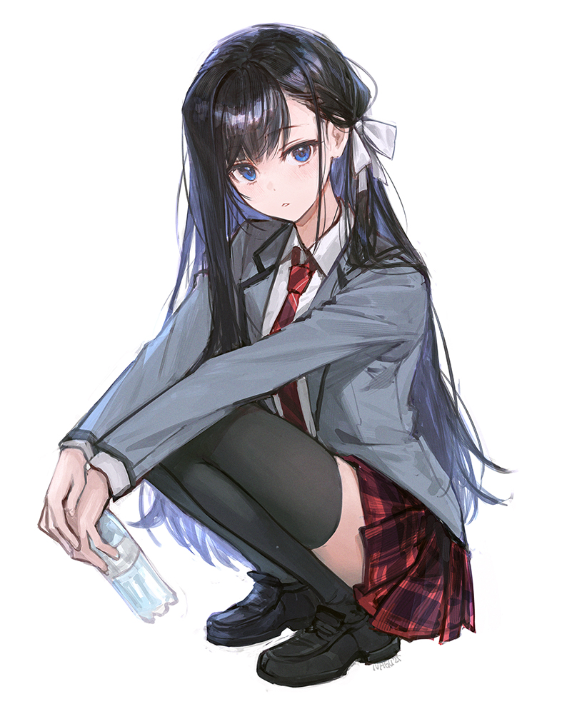 nagu, 1girl, black hair, black shoes, black thighhighs, blazer, blue eyes, bottle, grey jacket, hair ribbon, holding, holding bottle, jacket, loafers, long hair, long sleeves, looking at viewer, miniskirt, necktie, parted lips, pleated skirt, red skirt, ribbon, school uniform, shirt, shoes, simple background, skirt, solo, squatting, tenshi wa tansan shika nomanai, thighhighs, very long hair, white background, white shirt, yuzuki minato