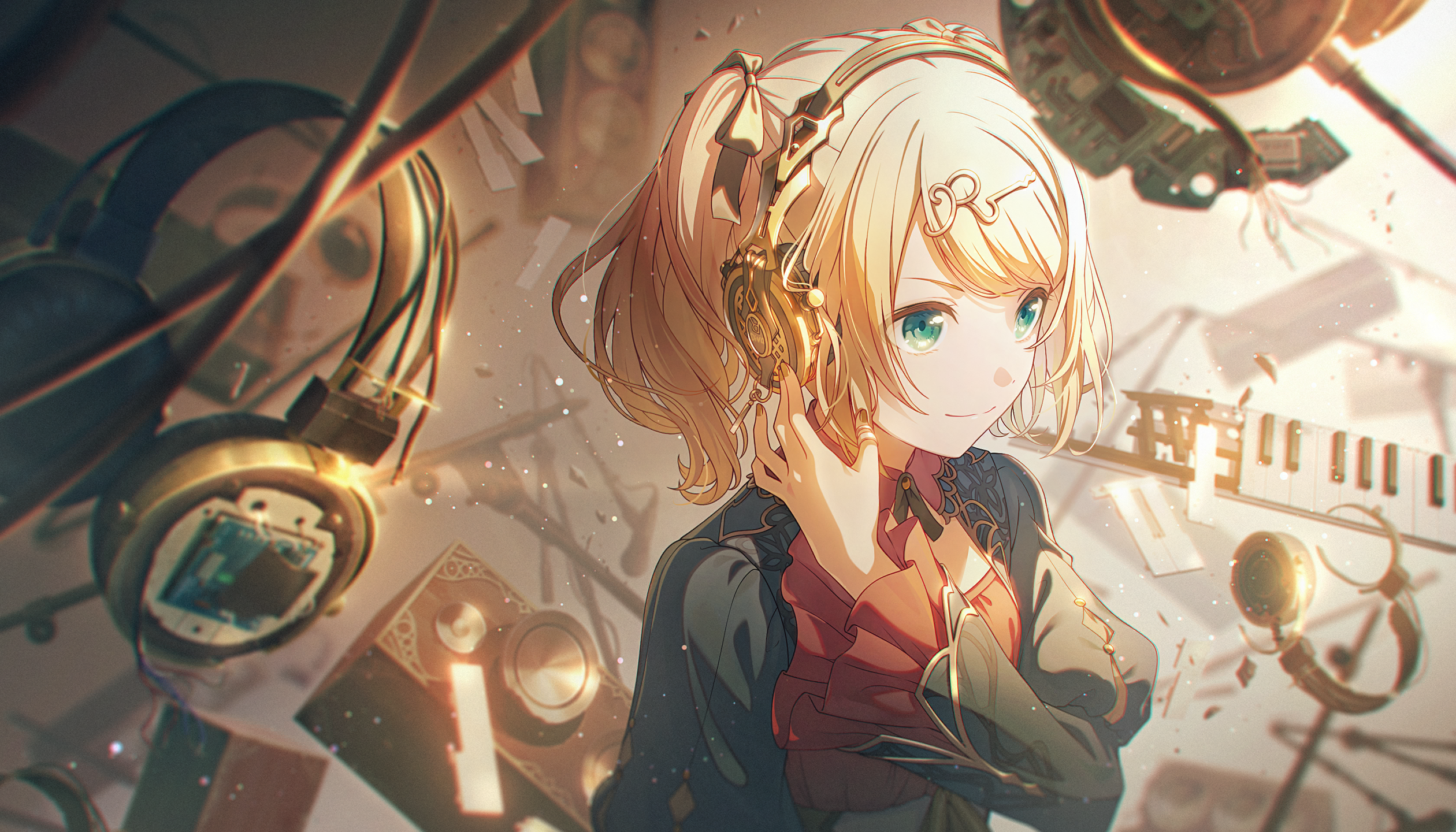 colorful palette, kagamine rin, project sekai, vocaloid, game cg, highres, official art, third-party source, 1girl, aqua eyes, blonde hair, bloom festival (project sekai), blurry, broken, chromatic aberration, closed mouth, depth of field, dress, fingernails, hair ornament, headphones, juliet sleeves, long sleeves, nail polish, official alternate costume, official alternate hairstyle, piano keys, puffy sleeves, side ponytail, smile, solo, speaker