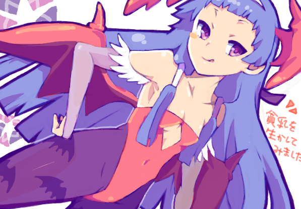 igris-geo, ro (igris-geo), lilith (darkstalkers), nagi, capcom, darkstalkers, kannagi, 1girl, animal print, bat (animal), bat print, bat wings, blue hair, blunt bangs, blush, cosplay, demon girl, detached sleeves, dutch angle, female focus, flat chest, hairband, leotard, lilith (darkstalkers) (cosplay), pantyhose, print pantyhose, purple eyes, red leotard, sidenote, solo, tongue, wings