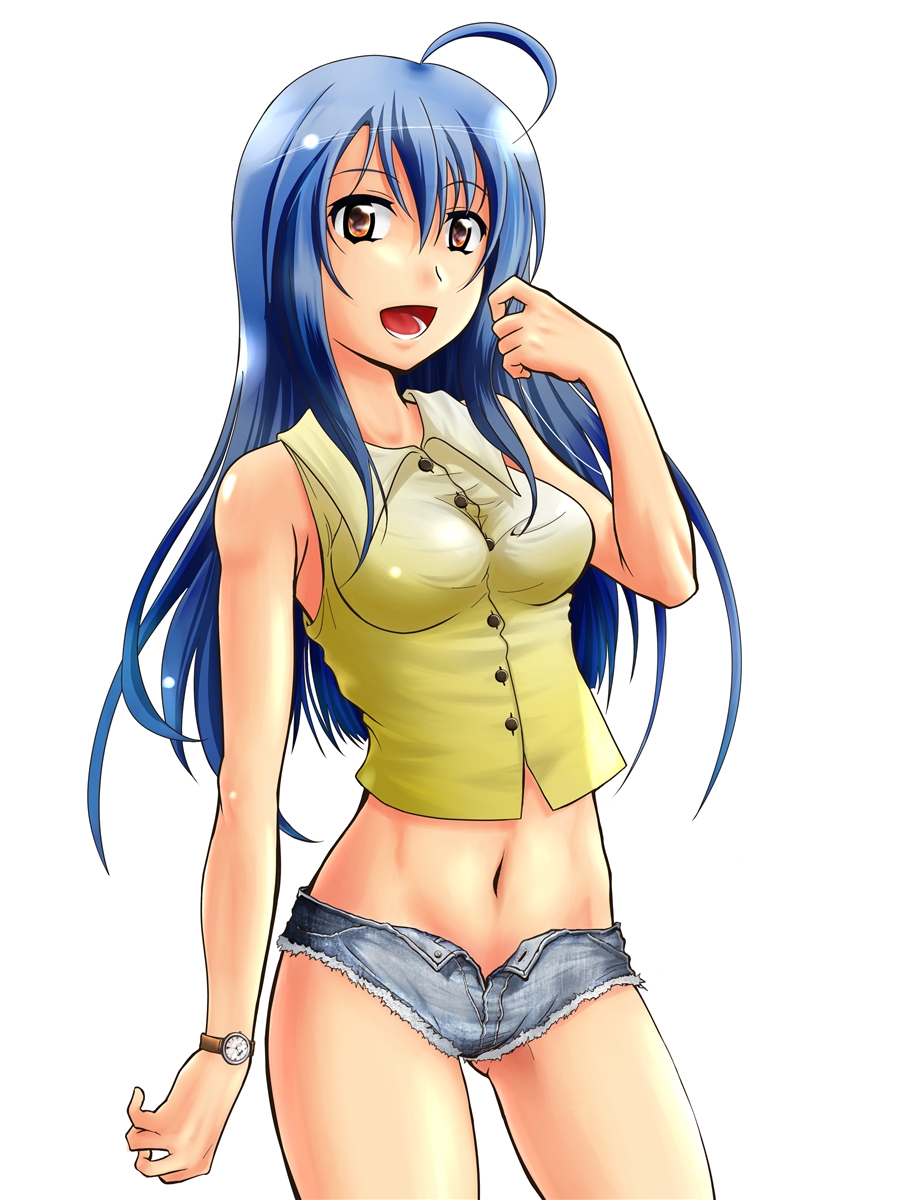 kyou (tr-6), bad id, bad pixiv id, highres, 1girl, ahoge, blue hair, brown eyes, denim, denim shorts, female focus, long hair, midriff, shorts, solo, watch, wristwatch