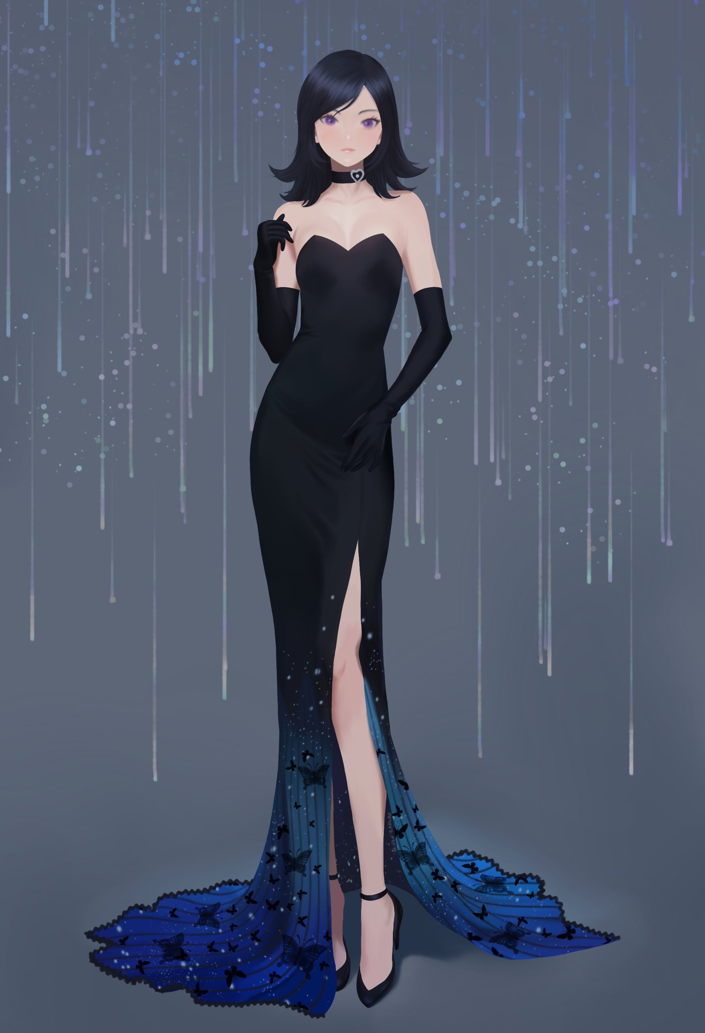 mikan zakuro, amano maya, persona, persona 2, highres, black dress, black hair, black shoes, breasts, bug, butterfly, choker, contrapposto, dress, high heels, insect, purple eyes, shoes, short hair