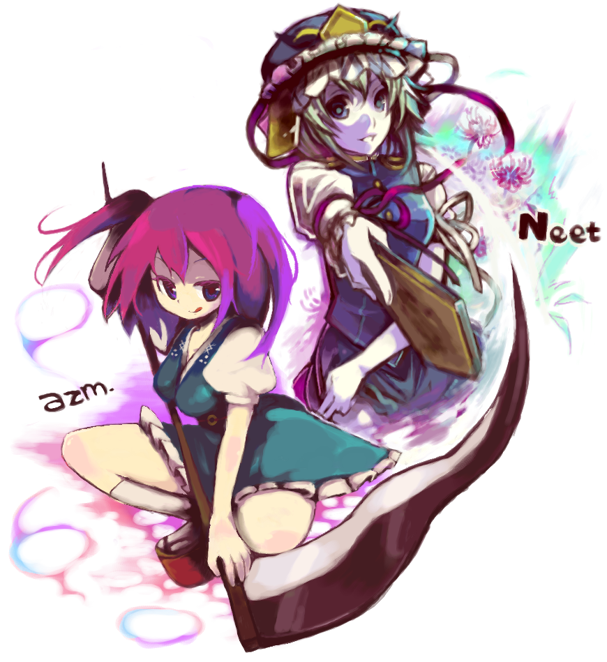 azuma seiji, hase neet, onozuka komachi, shiki eiki, touhou, artist collaboration, 2girls, female focus, multiple girls, rod of remorse, scythe