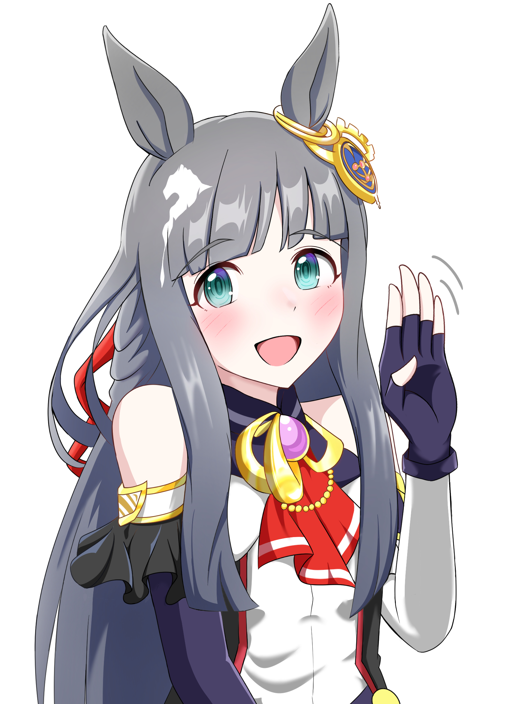 abyss kpn (ki), chrono genesis (prismatic curator) (umamusume), chrono genesis (umamusume), umamusume, commentary, highres, 1girl, :d, animal ears, aqua eyes, ascot, bare shoulders, black gloves, blunt bangs, breasts, detached sleeves, ear ornament, fingerless gloves, gloves, grey hair, hair ribbon, horse ears, horse girl, long hair, looking at viewer, multicolored hair, open mouth, red ascot, red ribbon, ribbon, simple background, small breasts, smile, solo, streaked hair, white background, white hair