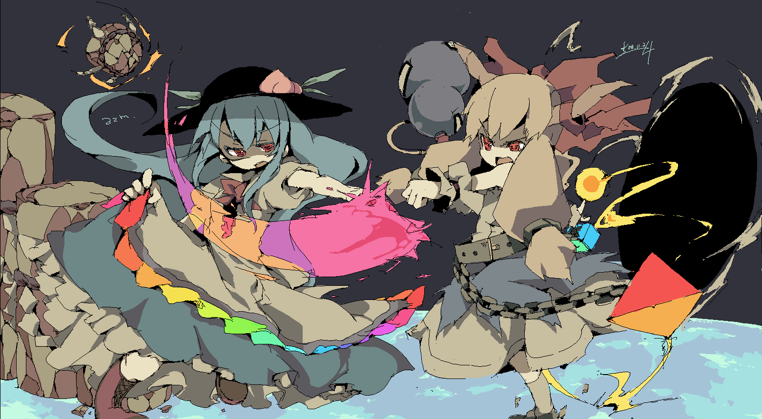 azuma seiji, hinanawi tenshi, ibuki suika, touhou, 2girls, blue hair, chain, female focus, food, fruit, gourd, horns, leaf, multiple girls, orange hair, peach, red eyes
