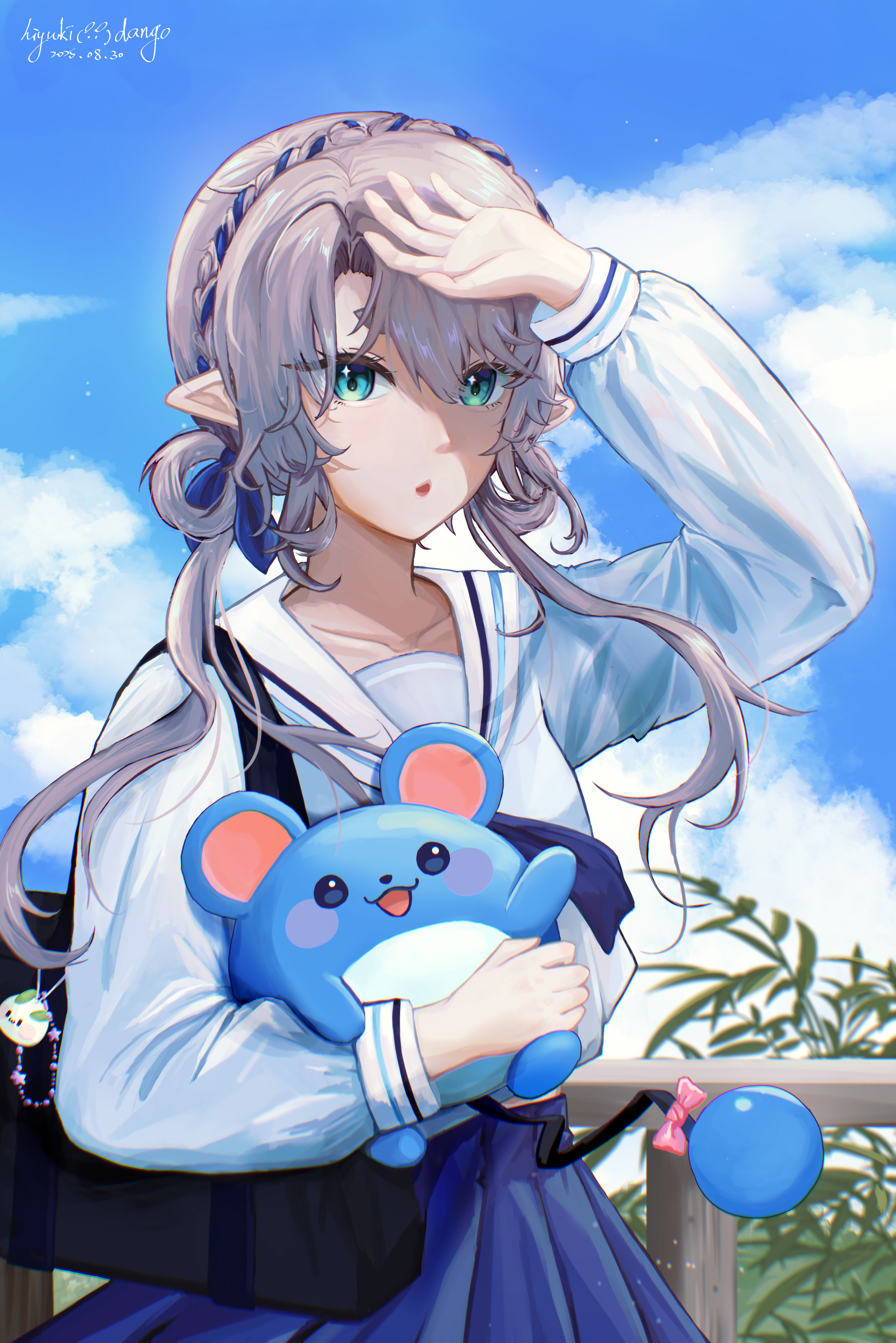 marill, nintendo, pokemon, absurdres, clip studio paint (medium), highres, 1girl, :d, animal, arm up, bag, bag charm, blue ribbon, blue skirt, bow, charm (object), dated, gen 2 pokemon, grey hair, hair ribbon, hiyukidango, holding, holding animal, long sleeves, low twintails, open mouth, pink bow, pointy ears, pokemon (creature), railing, ribbon, school bag, school uniform, serafuku, shirt, skirt, smile, summer, tail, tail bow, tail ornament, twintails, white shirt