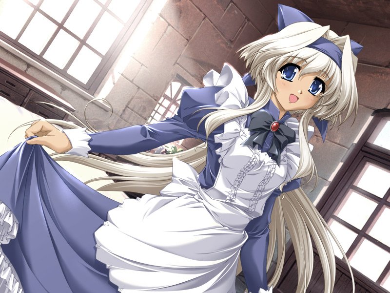 akino takehiko, arrems, aka (game), aka (nekoneko soft), game cg, 1girl, blue eyes, dark-skinned female, dark skin, dutch angle, female focus, long hair, maid, solo, white hair