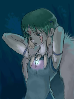 ykhpda, san (mononoke hime), mononoke hime, studio ghibli, lowres, 1990s (style), armpits, arms up, black eyes, black hair, cape, dark, earrings, facepaint, glowing, jewelry, necklace, night, retro artstyle, short hair, solo, tree