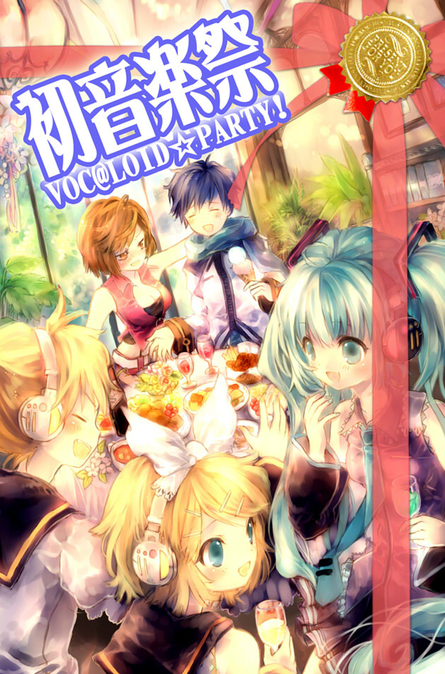 onineko, hatsune miku, kagamine len, kagamine rin, kaito (vocaloid), meiko (vocaloid), vocaloid, 2boys, 3girls, aqua eyes, aqua hair, aqua nails, arm around neck, blonde hair, blue hair, blue scarf, bow, breasts, brother and sister, brown eyes, brown hair, cleavage, closed eyes, curtains, detached sleeves, drunk, dutch angle, fang, food, glass, hair bow, hair ornament, hairclip, headphones, hug, ice cream, indoors, laughing, medium breasts, multiple boys, multiple girls, nail polish, necktie, open mouth, plant, room, scarf, short hair, siblings, sleeveless, smile, twins, twintails, window