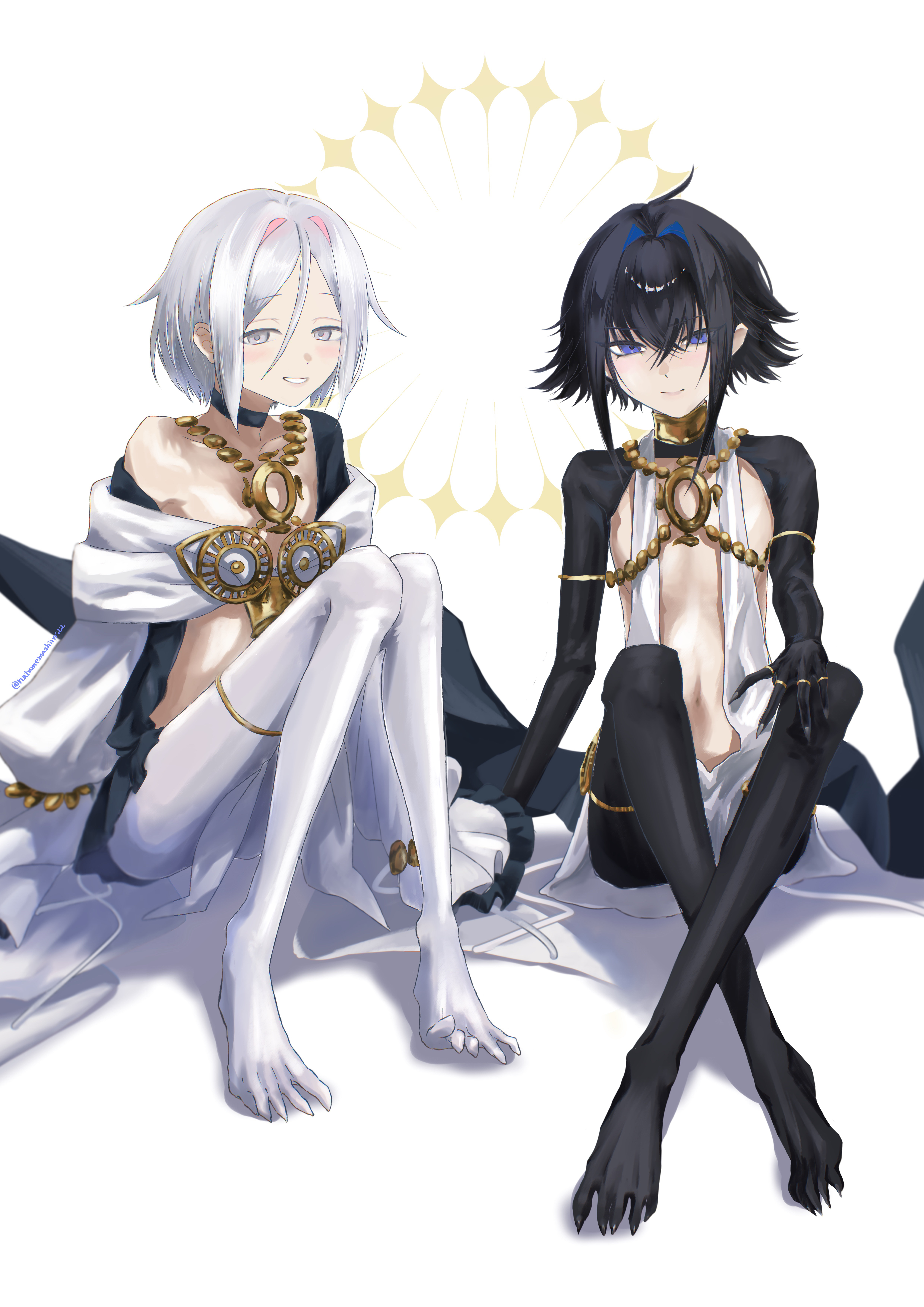 dove (fate), raven (fate), fate/grand order, fate (series), absurdres, highres, 2others, bare shoulders, black hair, black pantyhose, black shirt, black shrug, blue eyes, blue hair, blush, center opening, choker, crossed bangs, grey eyes, grey hair, grin, hair between eyes, hair intakes, jewelry, legs, long sleeves, looking at viewer, multicolored hair, multiple others, natumemashiro22, neck ring, necklace, pantyhose, parted bangs, pink hair, ring, sash, shirt, short hair, shrug (clothing), sitting, sleeves past fingers, sleeves past wrists, smile, thighlet, two-tone hair, white pantyhose, white shirt, white sleeves