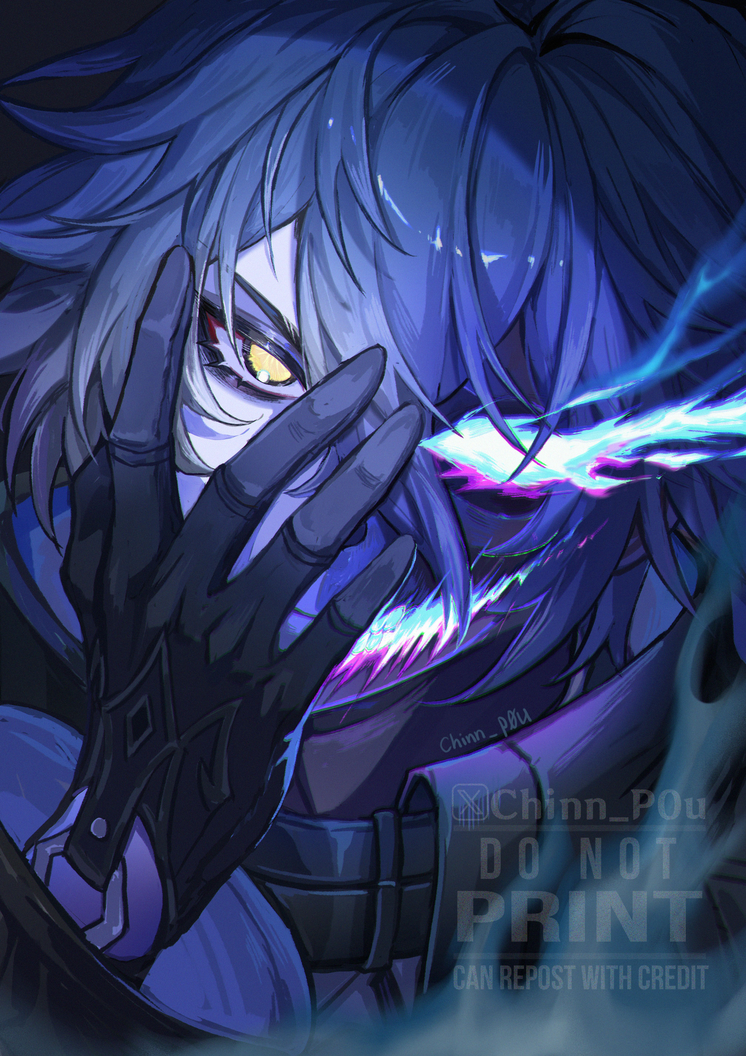 chinnpou, flins (genshin impact), genshin impact, absurdres, commentary, hashtag-only commentary, highres, 1boy, artist name, black gloves, closed mouth, flaming eye, gloves, hair between eyes, hand over face, hand up, long hair, long sleeves, looking at viewer, male focus, portrait, purple hair, solo, split theme, watermark, yellow eyes