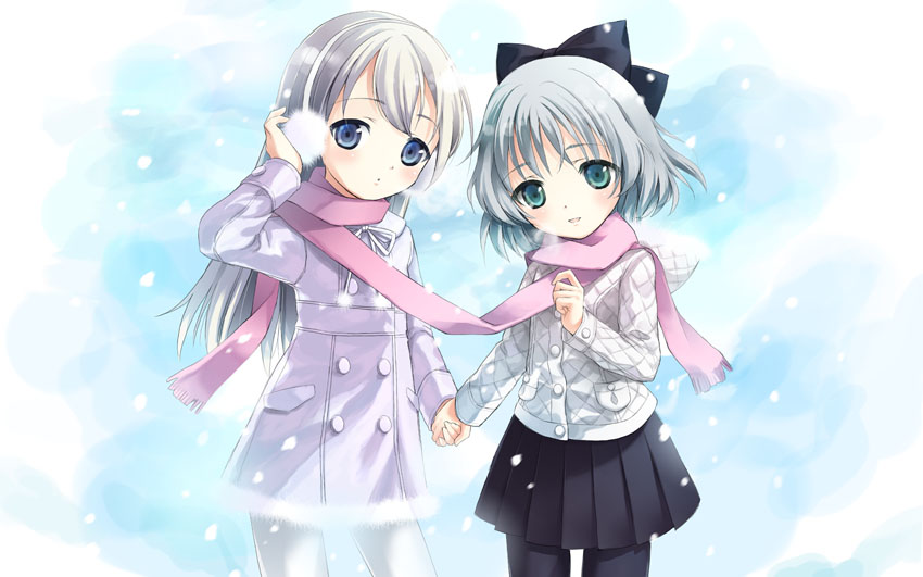 kimishima ao, eila ilmatar juutilainen, sanya v. litvyak, strike witches, world witches series, black legwear, white legwear, 00s, 2girls, multiple girls, pantyhose, scarf, shared clothes, shared scarf, yuri