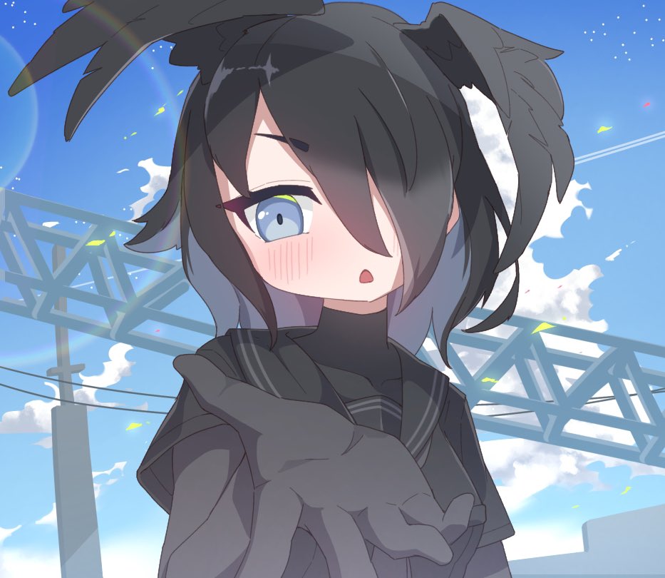 sarutori, jungle crow (kemono friends), kemono friends, 1girl, bird girl, bird wings, black bodysuit, black gloves, black hair, black neckerchief, black shirt, blue eyes, blush, bodysuit, elbow gloves, gloves, hair over one eye, head wings, looking at viewer, neckerchief, reaching, reaching towards viewer, sailor collar, school uniform, serafuku, shirt, short hair, short sleeves, solo, t-shirt, wings