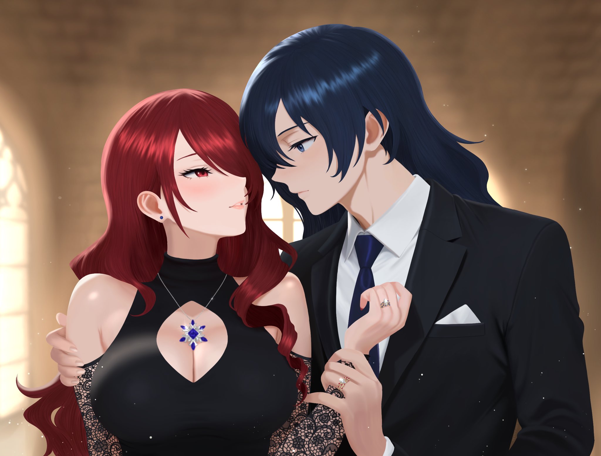 mikan zakuro, kirijou mitsuru, yuuki makoto (persona 3), persona, persona 3, highres, 1boy, 1girl, alternate hair length, alternate hairstyle, black dress, black suit, blue eyes, blue hair, blush, breasts, cleavage, dress, formal clothes, jewelry, large breasts, necklace, red eyes, red hair, suit