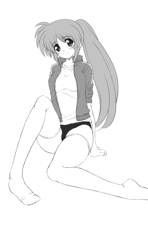 takamachi nanoha, lyrical nanoha, mahou shoujo lyrical nanoha, mahou shoujo lyrical nanoha strikers, 00s, buruma, greyscale, monochrome, solo, thighhighs