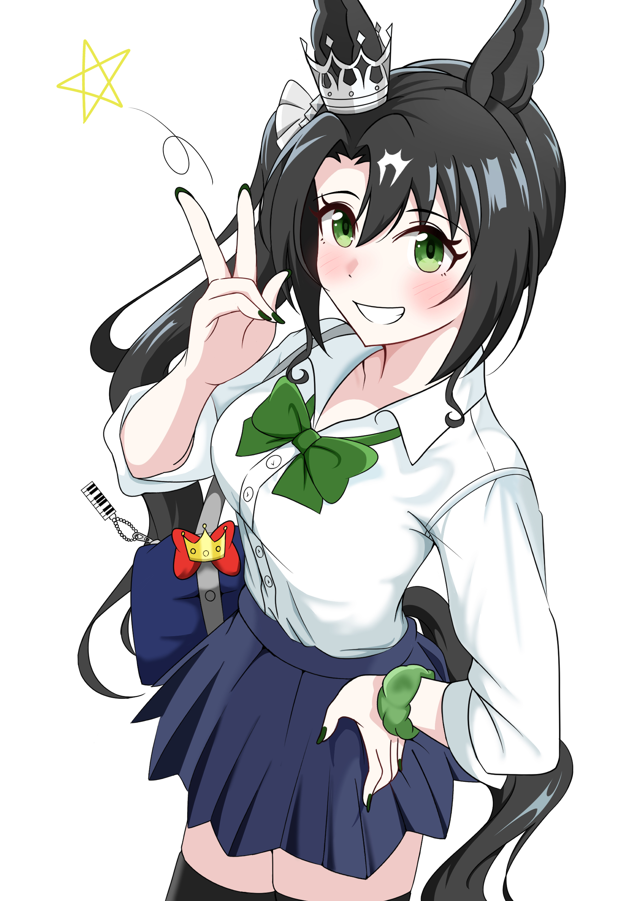 abyss kpn (ki), satono crown (umamusume), umamusume, absurdres, highres, 1girl, alternate costume, animal ears, bag, black hair, black thighhighs, blue skirt, blush, bow, bowtie, collared shirt, ear through crown, green bow, green bowtie, green eyes, green scrunchie, gyaru, hair between eyes, hand on own hip, horse ears, horse girl, horse tail, long hair, long sleeves, looking at viewer, multicolored hair, pleated skirt, school bag, school uniform, scrunchie, shirt, side ponytail, simple background, skirt, solo, star (symbol), streaked hair, tail, thighhighs, v, white background, white hair, white shirt, wrist scrunchie