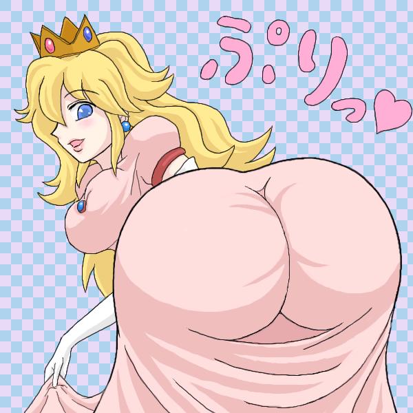 princess peach, mario (series), nintendo, super mario bros. 1, 1girl, ass, bent over, blonde hair, blue eyes, breasts, crown, dress, food, fruit, gloves, long hair, peach, solo
