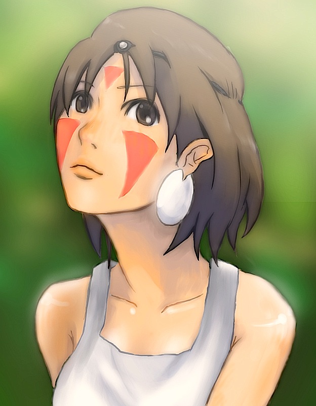 takapashi, san (mononoke hime), mononoke hime, studio ghibli, bad id, bad pixiv id, 1990s (style), bare shoulders, brown eyes, brown hair, earrings, facepaint, headband, jewelry, retro artstyle, short hair, solo