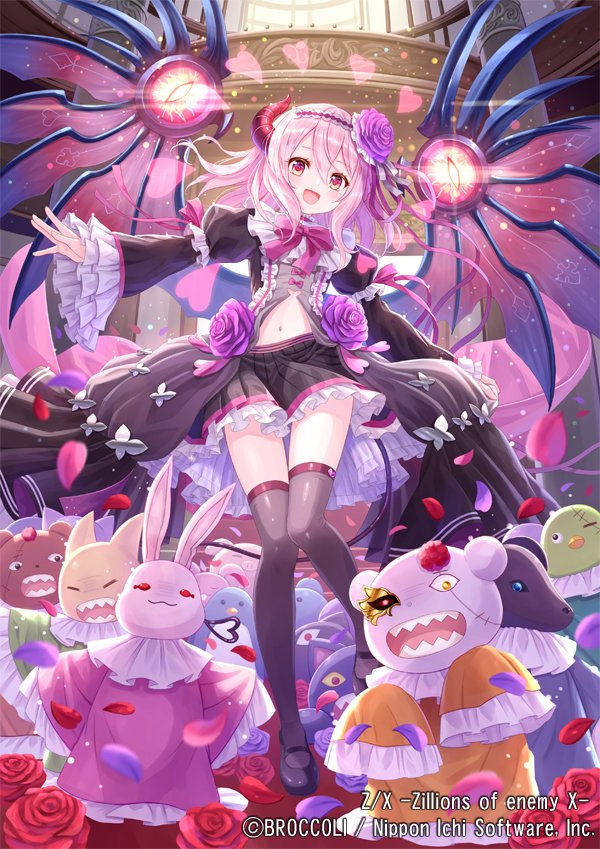 tadokoro teppei, animus (z/x), z/x, official art, 1girl, black dress, black shoes, black thighhighs, clothing cutout, copyright notice, demon girl, demon horns, demon tail, dress, extra eyes, flower, frilled dress, frills, hair flower, hair ornament, heart, horns, indoors, medium hair, navel, navel cutout, open mouth, pink hair, purple flower, purple petals, purple rose, red eyes, red flower, red horns, red petals, red rose, rose, shoes, stuffed animal, stuffed penguin, stuffed rabbit, stuffed toy, tail, teddy bear, thighhighs