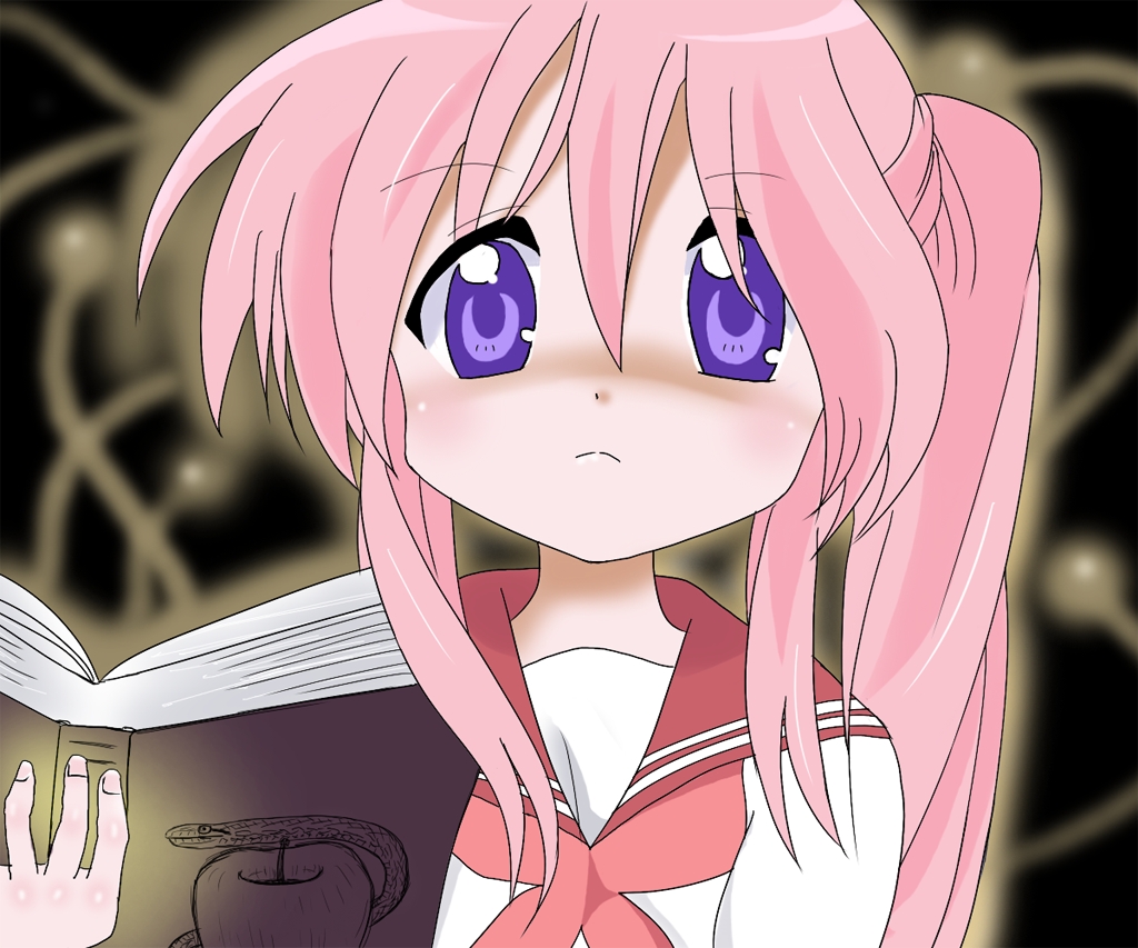 takara miyuki, lucky star, non-web source, 00s, alternate hairstyle, book, long hair, pink hair, ponytail, purple eyes, solo