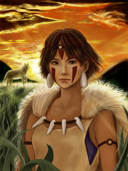 goldhelm, san (mononoke hime), mononoke hime, studio ghibli, bad id, bad pixiv id, 1990s (style), bare shoulders, brown eyes, brown hair, cape, facepaint, grass, headband, realistic, retro artstyle, short hair, sunset, wolf