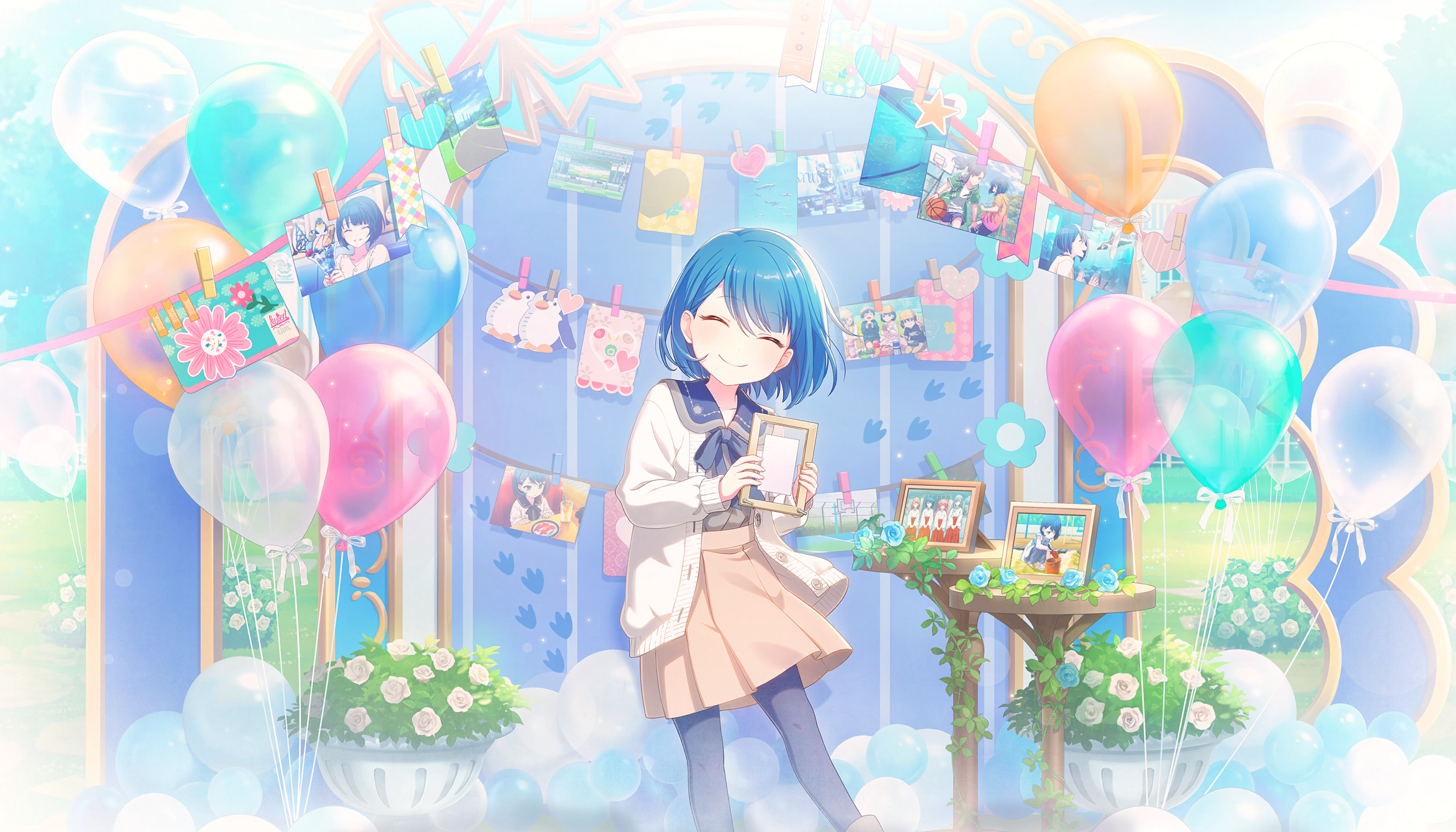 colorful palette, hanasato minori, hinomori shizuku, kiritani haruka, shiraishi an, project sekai, game cg, highres, official art, third-party source, 1girl, ^ ^, balloon, bird, black pantyhose, bloom festival (project sekai), blue flower, blue hair, brown skirt, cardigan, closed eyes, closed mouth, flower, grey shirt, heart, holding, holding picture frame, medium hair, open cardigan, open clothes, pantyhose, penguin, photo (object), picture frame, pleated skirt, shirt, shirt tucked in, skirt, smile, solo, table, vignetting, white cardigan, white flower