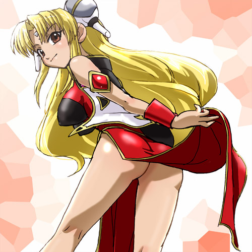 haruyama kazunori, ranpha franboise, galaxy angel, lowres, non-web source, 00s, 1girl, ass, bent over, blonde hair, breasts, brown eyes, china dress, chinese clothes, clothes lift, covered erect nipples, dress, dress lift, female focus, lifting own clothes, long hair, looking back, military, military uniform, pelvic curtain, sleeveless, sleeveless dress, solo