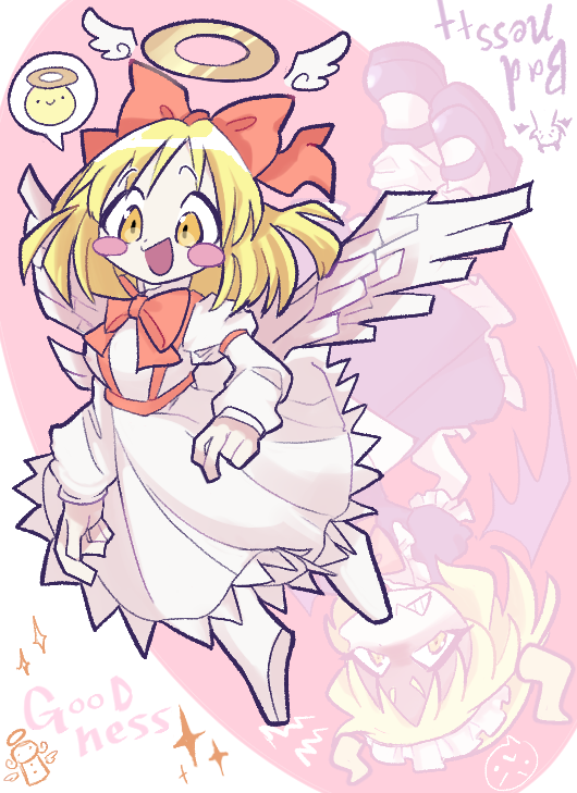 gengetsu (touhou), mugetsu (touhou), touhou, touhou (pc-98), 2girls, angel, angel wings, angry, apron, blonde hair, blue dress, blush stickers, bow, bowtie, clenched teeth, demon horns, demon wings, dress, frilled skirt, frilled sleeves, frills, hair bow, halo, happy, horns, juliet sleeves, kurarasima gako, long sleeves, maid apron, multiple girls, pink background, puffy sleeves, red bow, red suspenders, shoes, skirt, sparkle, spoken emoji, teeth, upside-down, white dress, white shoes, wings